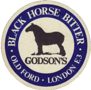 Godsons Black Horse Bitter, old ford, London E3. The Godson Black Horse bitter brand, sold and marketed in London by Daryl Geary.
